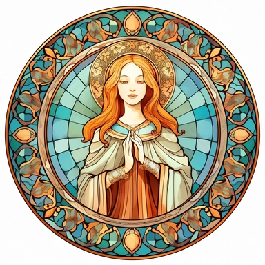 Vintage Cute Beautiful Round Stained Glass girl Sublimation Clipart, Cartoon, hyper realistic, intricate detail, illustration style, high solution, on the white background