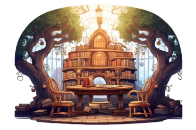 Create a vector-style clipart of a magical desk and chair set for a fantasy classroom, adorned with intricate carvings and enchanting symbols, in a whimsical and detailed art style, viewed from a frontal perspective, on a clean white background