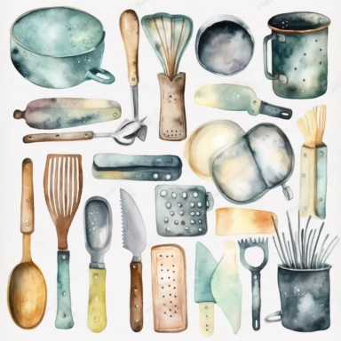 Create a watercolor clipart set of kitchen utensils and tools, including knives, spatulas, ladles, and measuring cups. Use pastel colors and subtle shading to give the images a soft, elegant look, white background