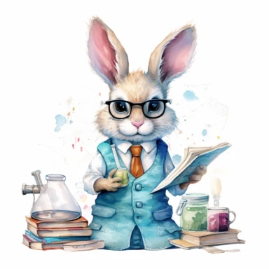 an inventive watercolor clipart image with a white background, showcasing a creative rabbit scientist with a lab coat and a sketchbook, combining art and science to express their discoveries.