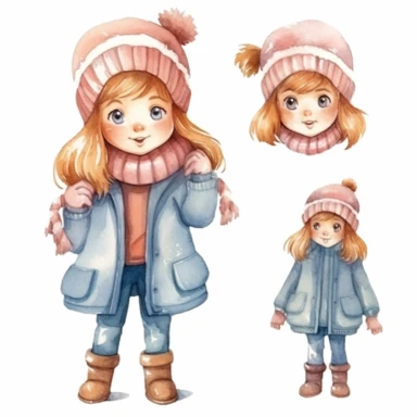 Set of watercolor cute little girl in winter clothes illustration for kids book, white backgroun, clipart, clean and crisp