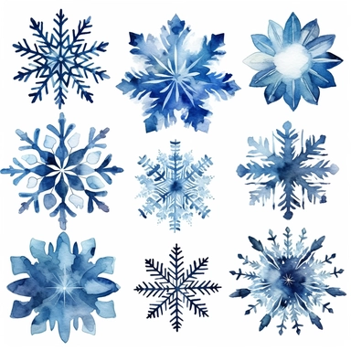 different blue snowflakes watercolour clipart, white background