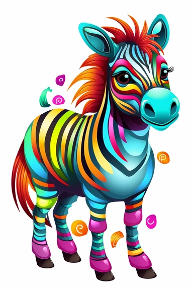 Tshirt design Rainbow zebra, very cute, very vibrant colors, cartoon style, white background, clipart, 2D, colorful, HD