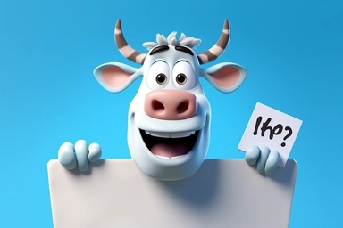 character cartoon cow with banner in clipart 3d image, in the style of unreal engine 5, natalia rak, movie still, matte photo, lightbox, relief, white and cyan
