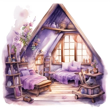 A fairytale style attic corner with watercolor effect,suitable for digital clipart,white background,magical flowers,magical scene,fairy vibrant colors,pink,purple,lavender,soft details