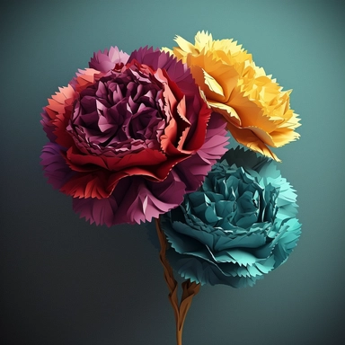 Individual 3D Carnation Clipart made out of paper Sculpture, in the style of vibrant spectrum colors, high detailed, dimensional multilayering, diverse color palette, shaped canvas, Pastelcore--ar 5:4
