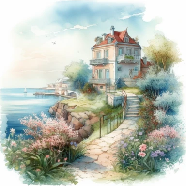 isolated on white illustration watercolor art of a elegant part of the embankment with small white houses and flowering trees with summer flowers, sea, blue door, lace and embroidery, masterpiece by James C. Christensen style and by Ivan Fedorovich Choultse style and Hans Zatzka style and Vladimir Kush, PNG clipart, isolated on white, extreme photorealistic details, 32k HD resolution, realistic high detailization high resolution