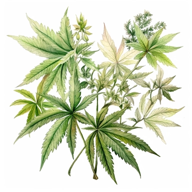 Clipart, vintage, watercolor, Cannabis sp, multifogliate, botanical illustration, hand drawn, texture