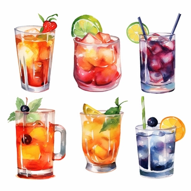Alcohol cocktail collection. Watercolor illustration. Drinks clipart