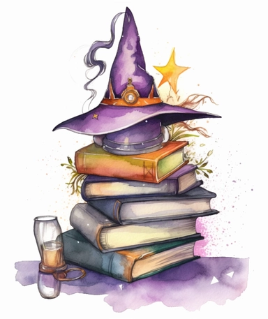 witchcraft books, bookshelf, witch hat, in the style of realistic watercolor paintings, 2d game art, fairy academia, purple and amber, decorative paintings, goblin academia, the stars art group (xing xing), clipart graphic, white background