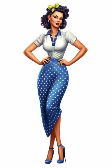 full body shot of a posing housewife against white background, in the style of vintage-inspired pin-ups, realistic figures, polka dot madness, neon indigo and blue, against qhite background clipart png