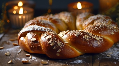 a beautifully braided white Swedish tea ring, adorned with pearl sugar and delicate almond flakes, Its softness is evident as you tear off a piece, releasing the irresistible aroma, Soft morning light dances on the table, enhancing the bread's intricate shape and highlighting its golden crust, Photo clipart, super detail, vignetting, shot with Nikon D3000,