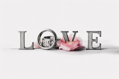 , watercolor clipart of a set of letters engraved with the word love, LOVE written out with O as a wedding ring, scrabble letters L V E, in the style of realistic watercolor portrait drawings, algeapunk, transparent/translucent medium, elegant style, hd clipart, no background, clean background, spaced out