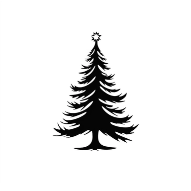 black and white silhouette of a christmas tree, clipart style, white background, thick lines, vector, simple design, flat colour, solid colour, christmascore