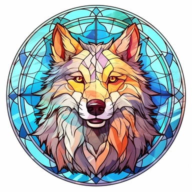 Vintage Colorful Beautiful Round Stained Glass Wolf Sublimation Clipart,Cartoon,hyper realistic, intricate detail, illustration style,high solution,on the white background