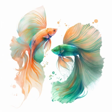 orange and green pair betta fish, light watercolor clipart, isolated on white background, James Jean and Peter Mohrbacher, no text, no captions