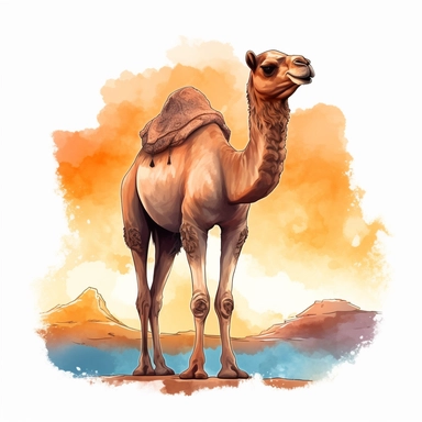 Cute beautiful camel standing in front of sunset, sublimation, summer time, watercolor, clipart, illustration, digital art, for tshirt, simple design, clean, highly detailed, 8k, white background