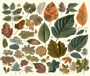 sheel full of various vintage leafs ornaments clipart, victorian age, separated each, white background,