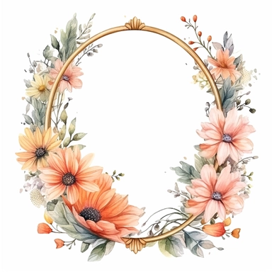 watercolor clipart of a empty suttle dainty floral oval frame surrounded by peach color flowers and cream color flowers. Capture the essence of blooming beauty and intricate details in your artwork, white background