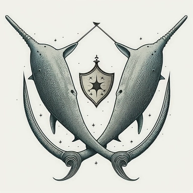 a medieval minimalist clipart coat of arms shaped like a diamond. We see 2 narwhals crossing their tusks