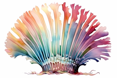 Watercolor, Create an artistic interpretation of a Venus comb murex shell, showcasing its long and slender spines, arranged like a comb, clipart, hd, on a white background, spaced out