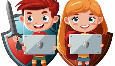 modern and minimalistic happy kids boy and girl at home, clipart, holding macbook and tablet with background protection with shield image, happy parents behind seen