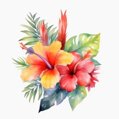 Watercolor Tropical Flowers Clipart - hibiscus and plumeria, bird of paradise - Pre-made clipart v 5