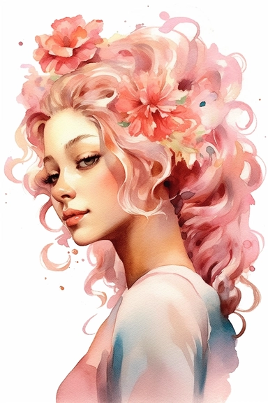 a cute cartoon pretty young Girl with a high white and pink ligth colored bun and roses sparkling around her profile, long curly hair with mini flowers in head, portrait, daydreaming expression in watercolor form, sarah kay and holly hobbies, clipart, watercolor, smiling, on a white background, daydreaming expression in watercolor form