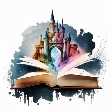 Clipart, Mythical Watercolor Castle Emerging from an Open Book, no background, hd