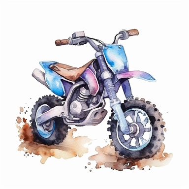 watercolor clipart dirt motorbike, cartoon clipart, defined edges, isolated on white background