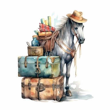 an enchanting watercolor clipart image with a white background, featuring a determined horse traveler with a hat, standing by a suitcase and setting off on a grand adventure.