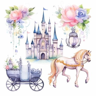 Watercolor illustration clipart set castle, princess, cinderella carriage, tiara, unicorn, hd realistic, no background