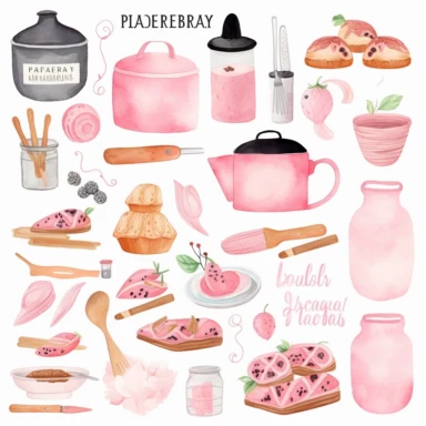 Acuarela casera panadería logo clipart Diseño de logotipo de panadería dibujado a mano DIY Cocina culinaria digital clip art Utensilios de cocina pastel rosa