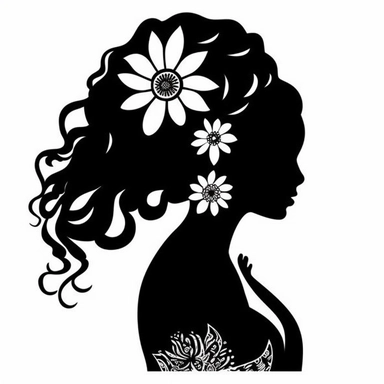 beautiful mermaid logo, fancy fin, mermaid with flowers in hair, blowing a conch shell, black clipart silhouette in black with white background,