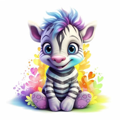 Cute Beautiful Happy Face Rainbow Baby Zebra is sitting full body Sublimation Clipart ,Cartoon,hyper realistic, intricate detail, illustration style,high solution,on the white background