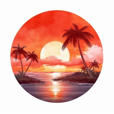 circle, tropical beach sunset, glowing sun, watercolour, red orange, detailed, clipart, white background