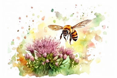 Watercolor, Create an image depicting a honeybee hovering over a field of clover, collecting pollen for its hive, clipart, hd, on a white background, spaced out