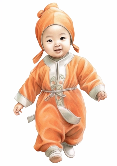 a cute retro vintage Asian infant baby girl . Color pencil sketch, soft baby colors, on a white background for clipart.