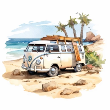 Design a watercolor - style clipart that showcases a charming camping van parked by a scenic beach, white background