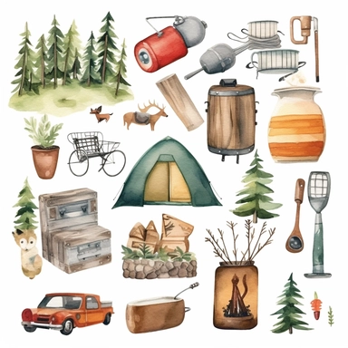 create a hand drawn watercolor clipart depicting scenes of campsites with tents, campfires, trees, and other camping-related elements, white background, 4k