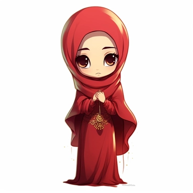 Comfy elvish chibi goddess, hijab, no hair reveal, grunge aesthetic, eid, wallpaper tall , long red dress, heels, a gold bracelet on right hand, rich color, clipart