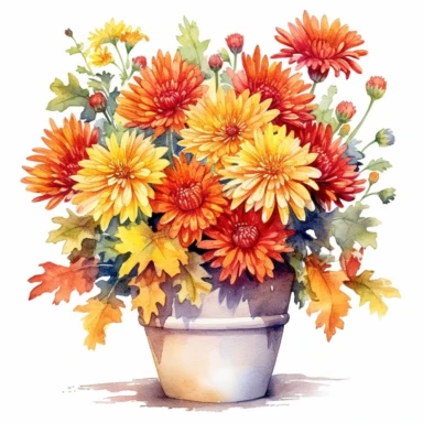 watercolour mums flowers in a potter, clipart, autumn colours, cluster of flowers, red, orange, yellow, white background, spaced out