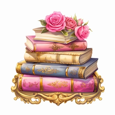 Make a clipart of a fairytale watercolor book stack with detailed binding on a table, rococo, with bright colors of pink, roses, black outlines, hd, gold accents, white background