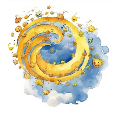 a lot of little yellow suns and blue clouds flying in a spiral. Pixar childrens book cartoon style, detailed, modern, urban, watercolor, full color, flat color, white background, children book illustration. Watercolor clipart. Pixar animation