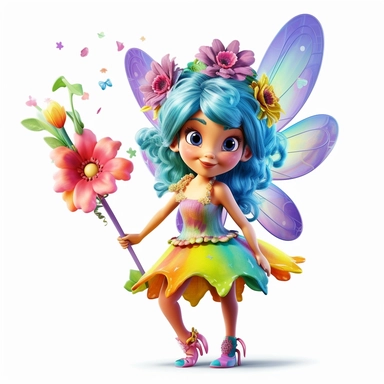 A 3D brightly colored cartoon character design of a tiny fairy with butterfly wings, wearing a flower dress, and a wand, with high detail, clipart stickers