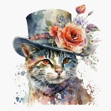 watercolor art adorable cat in fancy hat clipart, hd white background
