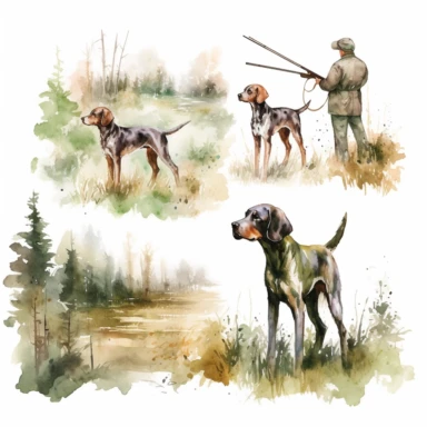 watercolor hunting scene in forest or fields on white background with setter and pointer dogs pointing , illustrations clipart set, simple, , cartoon elements ,different variants , natural elements, separate elements with a margin, ,4k, high resolution, , natural colors, green tones, earthy tones