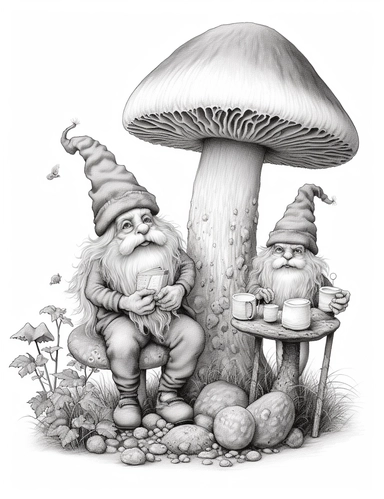 light gray and bubbles, two humanoid reading gnomes on a huge mushroom, highly detailed clipart, hdr, 32K, photo expert quality, greatest for coloring realistic, hyperrealistic and highly detailed, coloring book pages, isolated on a white background