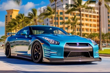 clipart of a nissan gtr r35 on a sunny day in miami , reflective blue , bronze rims , widebody kit