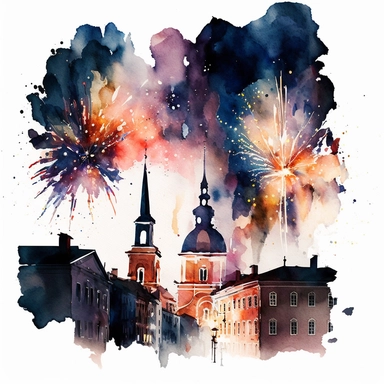 fireworks downtown. watercolor. clipart